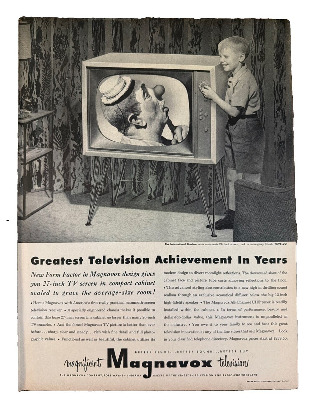 1952 Magnavox Print Ad Clown Television TV Achievement Black & White Electronics